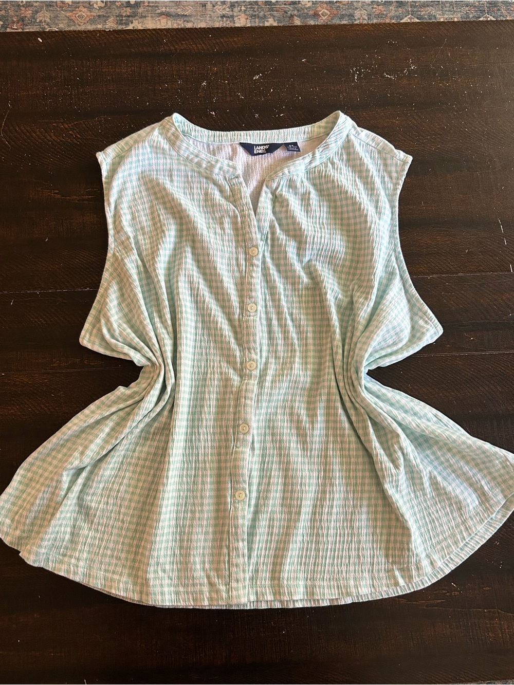 Lands’ End Mint Green & White Gingham Sleeveless Button Front Blouse 2X